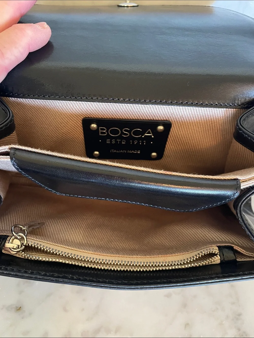 BOSCA Black Leather Italian Clutch with Silver Tone Logo Vintage